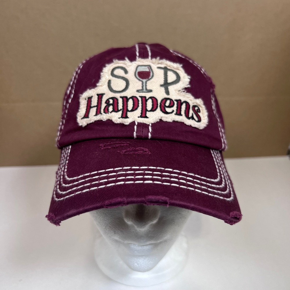 Sip Happens Wine Baseballā Cap Maroon Distressed Adjustable Hat